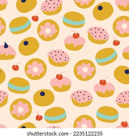 Bright Hanukkah seamless pattern with donuts. Perfect for wrapping paper, greeting cards, wallpaper. Jewish holidays. Vector illustration