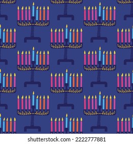 Bright Hanukkah seamless pattern with menorahs. Perfect for wrapping paper, greeting cards, wallpaper. Jewish holidays. Vector illustration