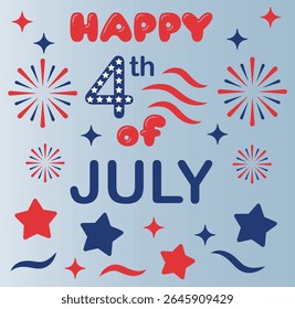 Bright Happy 4th of July design with stars, fireworks, waves, and patriotic lettering in red, white, and blue. Fun and festive illustration for Independence Day in the USA. Vector illustration