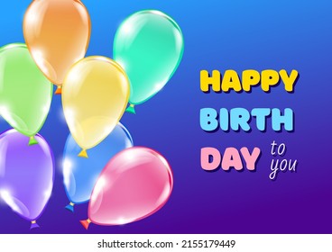 Bright Happy Birthday card template. Illustration of a colorful ballons and greeting text on a blue background. Vector 10 EPS.