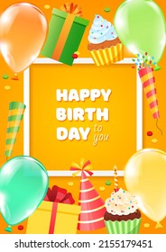 Bright Happy Birthday card template. Colorful background of cartoon objects: gift boxes, balloons, cupcakes, firecrackers and birthday hats on a yellow background. Vector 10 EPS.