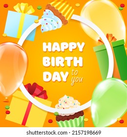 Bright Happy Birthday card template. Colorful background of cartoon objects: gift boxes, balloons, cupcakes, firecrackers and birthday hats on a yellow background. Vector 10 EPS.
