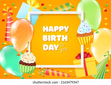 Bright Happy Birthday card template. Colorful background of cartoon objects: gift boxes, balloons, cupcakes, firecrackers and birthday hats on a yellow background. Vector 10 EPS.