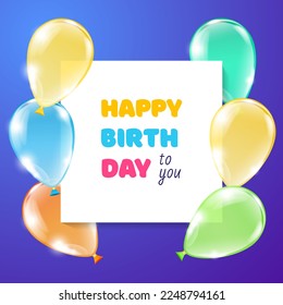 Bright Happy Birthday card template. Frame of colorful ballons on a blue background with greeting text in a white space. Vector 10 EPS.