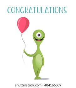 Bright Happy character with colored balls. The flat style. Congratulations on the holiday.Vector concept background