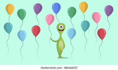 Bright Happy character with colored balls. The flat style. Congratulations on the holiday.Vector concept background