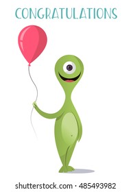 Bright Happy character with colored balls. The flat style. Congratulations on the holiday.Vector concept background