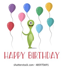 Bright Happy character with colored balls. The flat style. Congratulations on the holiday.Vector concept background