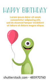 Bright Happy character with colored balls. The flat style. Congratulations on the holiday.Vector concept background