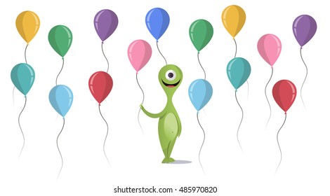 Bright Happy character with colored balls. The flat style. Congratulations on the holiday.Vector concept background