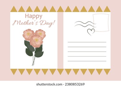 Bright Happy Mother’s Day Postcard. Bouquet of flowers roses and pink letters with congratulation. Cute multicolored vector illustration: pink, green and yellow colors.