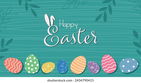 Bright Happy Easter banner with colored eggs on a decorative background. Happy Easter banner, poster, greeting card. Trendy Easter design with text, floral elements, eggs, bunny ears