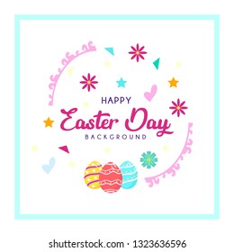Bright happy easter card in vector. Funny rabbits, chicken, eggs in cute cartoon style. Stylish holiday background - Vector