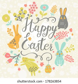 Bright happy easter card in vector. Funny rabbits, chicken, eggs in cute cartoon style. Stylish holiday background