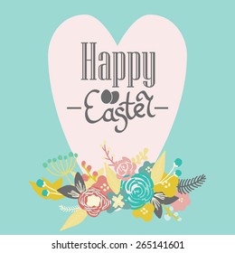 Bright happy easter card in vector. Easter eggs and flowers in cute style. Postcard with Easter eggs. Happy Easter. Easter greeting card. Easter card design.