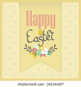 Bright happy easter card in vector. Easter eggs and flowers in cute style.  Postcard with Easter eggs. Happy Easter. Easter greeting card. Easter card design.