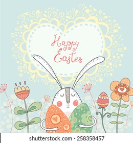 Bright and happy Easter greeting card design of rabbit with eggs and flowers in vector. 