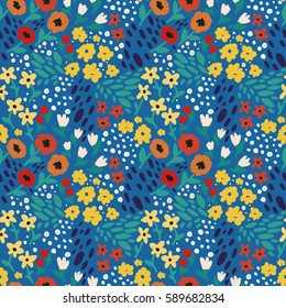 bright and happy floral seamless pattern on blue background, hand drawn style, vector illustration