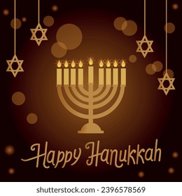 Bright Happy Hanukkah Background with Menorah, David Star and Bokeh Effect. illustration.