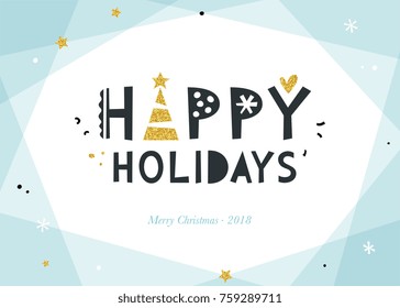 Bright Happy Holidays background. Corporate greeting card with bold typographic design, golden glitter Christmas tree and stars. Horizontal template.  Vector illustration.