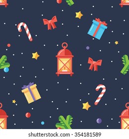 Bright happy holidays pattern background fun design: red lantern, candles, bow, gift box, caramel, candies, snowflakes, green christmas tree, ribbon, stars, decorations