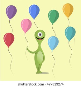 Bright Happy monster with colored balls. The flat style. Congratulations on the holiday.Vector concept background