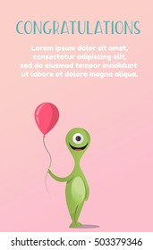 Bright Happy monster with colored balls. The flat style. Congratulations on the holiday.Vector concept background