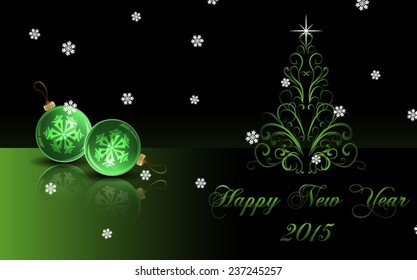 Bright Happy New Year background with green evening balls and Christmas tree