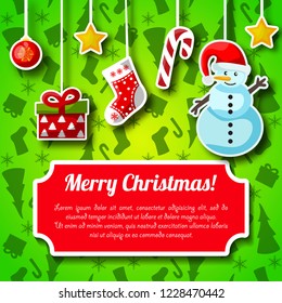 Bright happy new year and merry christmas card with winter symbols flat vector illustration