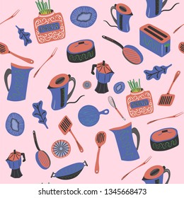 Bright and happy seamless pattern of kitchen stuff - hand drawn illustration
