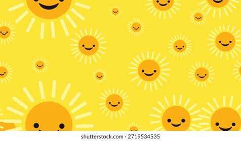 Padrão perfeito brilhante e feliz com muitos ícones de sol sorridentes amarelos espalhados por um fundo amarelo vibrante para crianças.