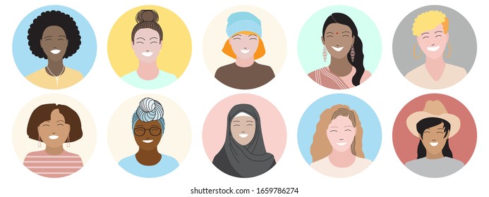 Bright happy smiling women face portraits set. Round frame. Diverse races and nationalities, multicultural, international group, team. Female users avatar icons vector illustration. Flat style design.