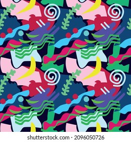 bright happy tropical abstract pattern with waves, shapes, green, mint, pink, red, blue, yellow. For prints, textiles, paper.