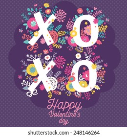 Bright Happy Valentines day card. XO - kiss and hug concept background in vector