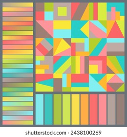 Bright Harmonious Color Palette with Geometric Composition of Colorful Squares. Seamless Pattern with Color Swatches and Gradients of Blue, Brown, Green, Orange, Pink, Yellow Colors.