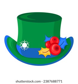 Bright hat, Dwarf Santa Helper headdress of carnival costume. Festive, national, traditional and fairy tale headwear for cartoon vector illustration. Cap for selfie isolated on white