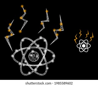 Bright hatched atomic emission with light spots. Linear carcass 2D mesh generated with crossing white lines and atomic emission icon.