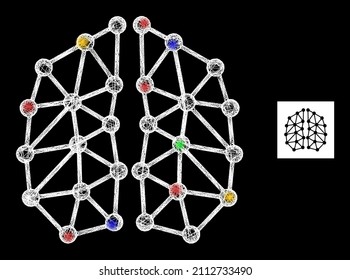 Bright hatched mesh artificial intelligence with multicolored glowing spots. Illuminated vector mesh created from artificial intelligence icon. Sparkle carcass mesh artificial intelligence,