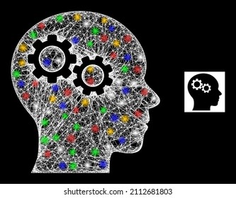 Engranajes cerebrales de malla brillante con manchas coloridas. Malla vectorial iluminada creada a partir del pictograma de los engranajes cerebrales. Engranajes cerebrales de malla de marco de espuma, sobre un fondo negro.