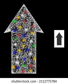 Hell geschlüpfte Maschenrichtung mit farbigen Blitzknoten. Illuminiertes Vektorgitter, das aus dem Symbol für die Richtung nach oben erstellt wurde. Sparkasse vermascht die Richtung nach oben auf schwarzem Hintergrund.