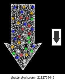 Bright hatched mesh down direction with multi colored lightspots. Illuminated vector mesh created from down direction pictogram. Sparkle carcass mesh down direction, on a black backgound.