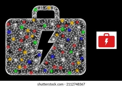 Bright hatched mesh electric kit with colorful light dots. Illuminated vector mesh created from electric kit pictogram. Sparkle carcass mesh electric kit, on a black backgound.
