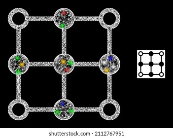 Centros de red de malla con tramas brillantes con manchas de luz vibrantes. Estructura vectorial iluminada creada a partir del símbolo de centros de cuadrícula. La rejilla de malla de marco de chispa se centra en un fondo negro.