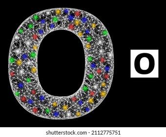 Bright hatched mesh Omicron Greek lowercase symbol with multicolored bright dots. Illuminated vector mesh created from Omicron Greek lowercase symbol pictogram.