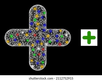 Bright hatched mesh pharmacy cross with vibrant glowing spots. Illuminated vector mesh created from pharmacy cross pictogram. Sparkle frame mesh pharmacy cross, on a black backgound.