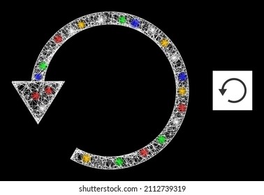 Bright hatched mesh rotate left with vibrant bright dots. Illuminated vector mesh created from rotate left icon. Sparkle frame wired rotate left, on a black backgound.