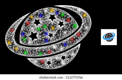 Bright hatched mesh space planet with multicolored flash nodes. Illuminated vector frame created from space planet icon. Sparkle carcass mesh space planet, on a black backgound.
