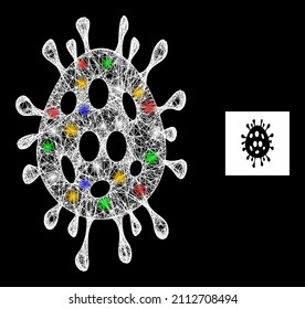 Bright hatched mesh virus egg with colorful bright dots. Illuminated vector carcass created from virus egg icon. Sparkle frame mesh virus egg, on a black backgound.