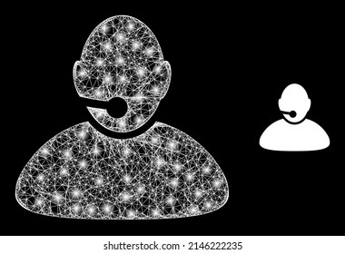 Bright hatched operator with glowing spots. Linear frame 2D mesh generated with intersected white lines and operator icon. White mesh and sparkle frame mesh operator on a black background.