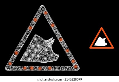 Aviso de cerdo brillante con manchas brillantes. Malla plana de marco lineal generada con cruces de líneas blancas e icono de aviso de cerdo. Alerta de carne de porcino de malla blanca y marco brillante en un fondo negro.